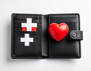 AI generated realistic empty men's wallet with emergency AED defibrillator pads symbolizing financial crisis and urgent economic recovery white background money rescue metaphor