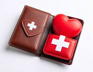 AI generated realistic empty men's wallet with emergency AED defibrillator pads symbolizing financial crisis and urgent economic recovery white background money rescue metaphor