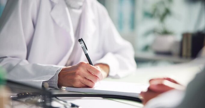 Hands, doctor and writing prescription with patient for sick note and health report. People, medical consultation and paper in hospital for dosage instruction, medicine script and treatment plan