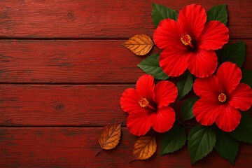 Top view of vibrant red hibiscus flowers with green leaves on wooden texture background.