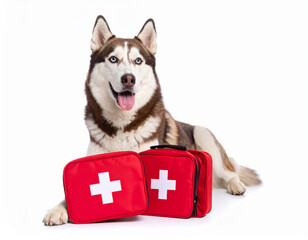 AI generated happy siberian husky dog with emergency AED pads symbolizing pet emergency care and life-saving veterinary treatment concept white background animal health crisis response