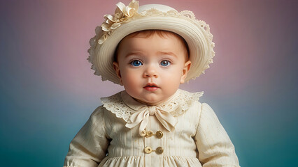 Portrait of a little girl, Victorian era fashion, aristocrat, looking at the camera with elegant gaze, abstract pink and blue background