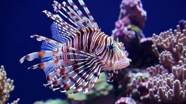 A vibrant lionfish swimming among colorful coral reefs.
