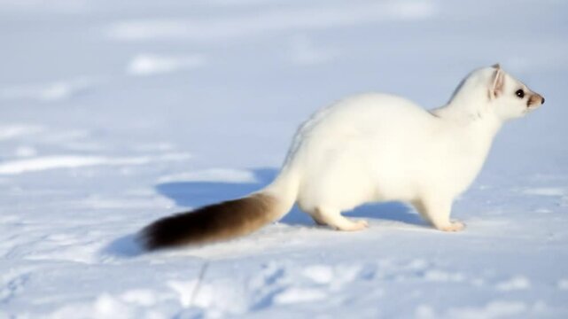 White weasel or stoat moving across snowy landscape