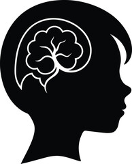Silhouette of a woman's head with a brain and flower, symbolizing the concept of creative thinking and love