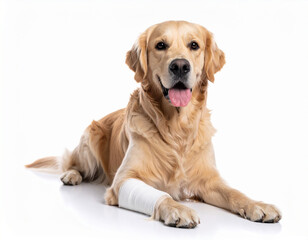 AI generated happy golden retriever dog with front leg bandage symbolizing loving pet care and injury recovery concept white background veterinary treatment and animal first aid