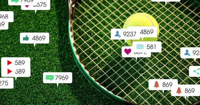 Notification bell popping starting social icons multiplying around racket, ball showing engagement