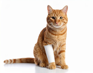 AI generated happy ginger tabby cat with front leg bandage symbolizing loving feline care and injury recovery concept white background veterinary treatment and pet first aid