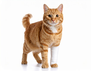 AI generated happy ginger tabby cat with front leg bandage symbolizing loving feline care and injury recovery concept white background veterinary treatment and pet first aid