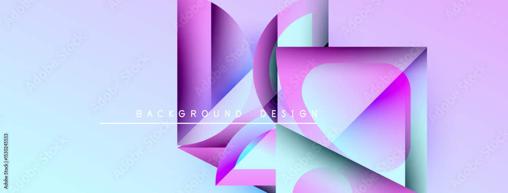 Poster abstract geometric shapes overlap, creating vibrant purple, pink gradient. modern design element for