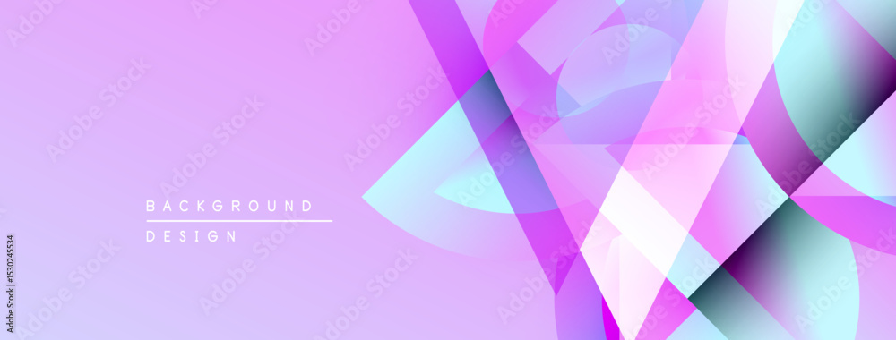 Poster Abstract background features vibrant purple, pink, turquoise shapes. Modern design with overlapping layers creates dynamic visual effect.