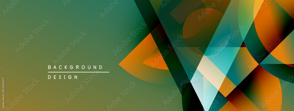 Poster abstract geometric shapes overlap, creating vibrant color gradients. design features teal, orange, y