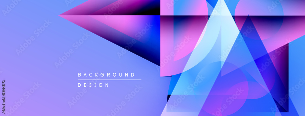 Poster abstract geometric shapes blend purple, blue hues. modern design features layered triangles, squares