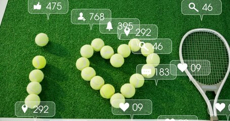 Tennis balls forming ‘I' and heart starting icons floating around racket showing engagement shifts - Powered by Adobe