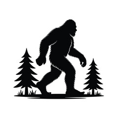 Silhouette of Bigfoot Walking Between Pine Trees on White Background