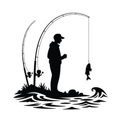 Silhouette of a fisherman catching a fish on a rocky shore