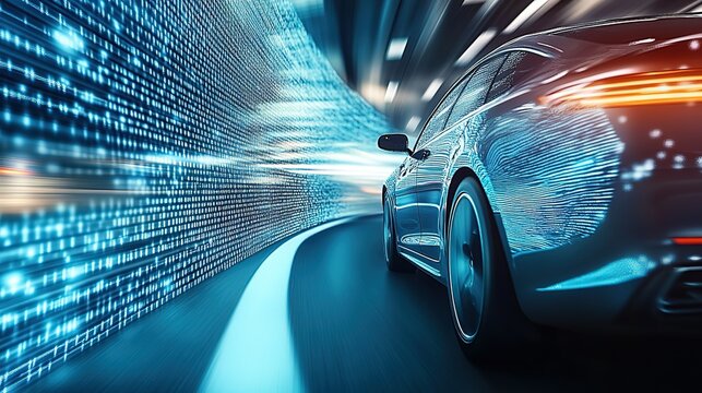 Futuristic car driving through digital data road with blue-gray gradient background and abstract transparent water glass pattern, symbolizing speed and innovation in high-resolution technology concept