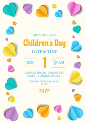 Children's Day or Birthday Invitation with Paper cut Colorful 3d Hearts and Place for Text. Cute Kids Birthday Party Poster or Greeting Card Template Design. Happy Childrens Day Holiday Background. 