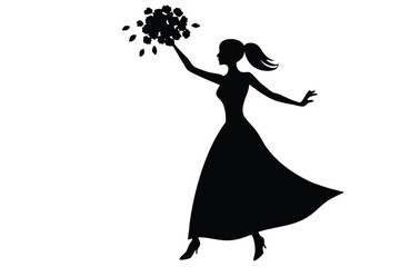 Bride silhouette throwing wedding bouquet illustration