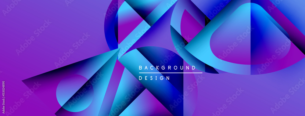 Poster abstract geometric shapes blend vibrant purple, blue hues. modern design creates dynamic visual expe