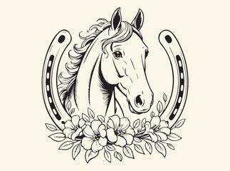 Horse with Horseshoe and Flowers Art Print for Equestrian and Rustic Decor