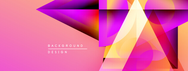 Fototapeta premium Abstract geometric shapes overlap, creating vibrant pink, purple, orange gradients. Modern design elements suggest digital art, background texture.