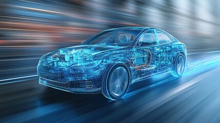 Futuristic car driving through digital data road with blue-gray gradient background and abstract transparent water glass pattern, symbolizing speed and innovation in high-resolution technology concept