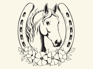 Horse with Horseshoe and Flowers Art Print for Equestrian and Rustic Decor