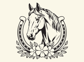 Horse with Horseshoe and Flowers Art Print for Equestrian and Rustic Decor