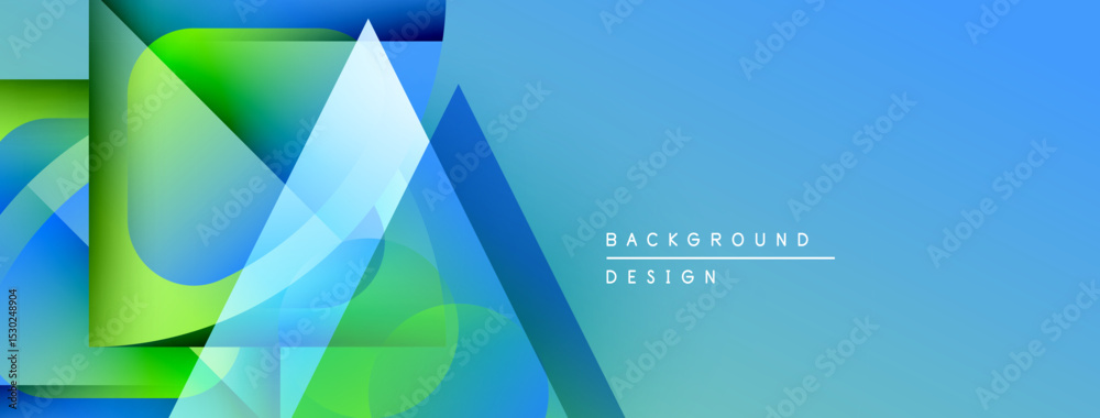 Poster abstract geometric shapes overlap, creating vibrant blue, green gradients. right side features simpl