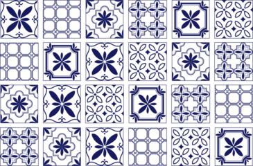 Rolgordijnen Portugal keramische tegels Seamless Mediterranean Italian geometric pattern. Vector blue and white illustration of Italian tiles, ceramics, azulejos, patterns, mosaics, ornaments for backgrounds, textiles, or banners.  © Наталья Косаревич