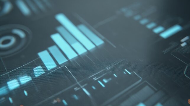 Futuristic digital interface with glowing blue graphical elements, including vertical bar chart and illuminated circular shapes, representing data on a sleek dark background. Modern technology theme w