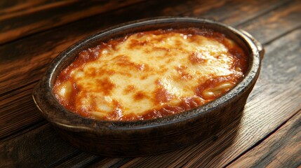 Delicious baked pasta dish with melted cheese in a rustic oval casserole dish on a wooden table.