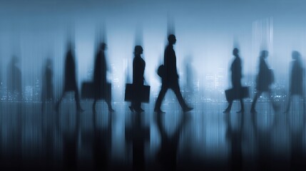 Blurred business background silhouettes of office workers in motion modern corporate atmosphere perfect for teamwork and leadership visuals