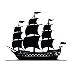 Silhouette of a Three Masted Sailing Ship on White Background