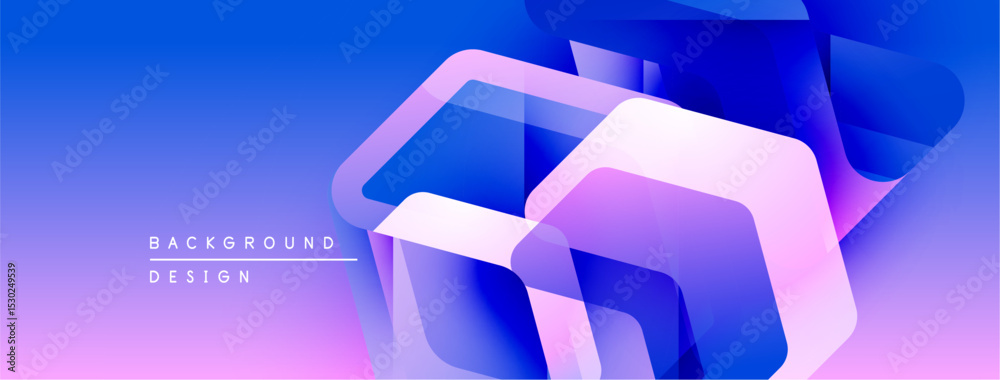Poster abstract geometric shapes overlap, creating vibrant blue, purple gradient. modern design feels dynam