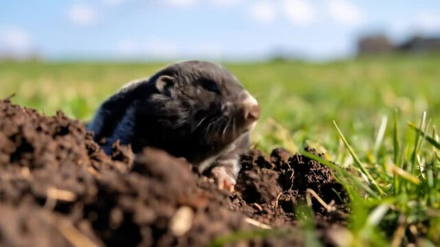 Young mole emerging from burrow