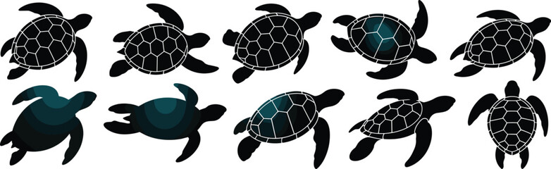 Sea turtle silhouette vector set, marine animal illustration, swimming turtle designs, top view aquatic reptiles, ocean wildlife graphic elements

 flat vector illustration