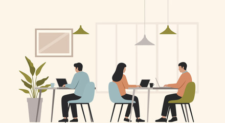 Coworking Space: People Working at Desks, Flat Vector