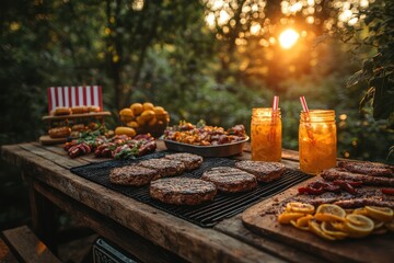 Summer backyard barbecue party with family and friends enjoying grilled burgers under a warm sunset glow