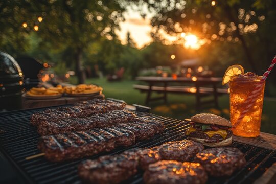 Celebrating summer with a joyful backyard barbecue full of family, friends, and delicious grilled treats at sunset
