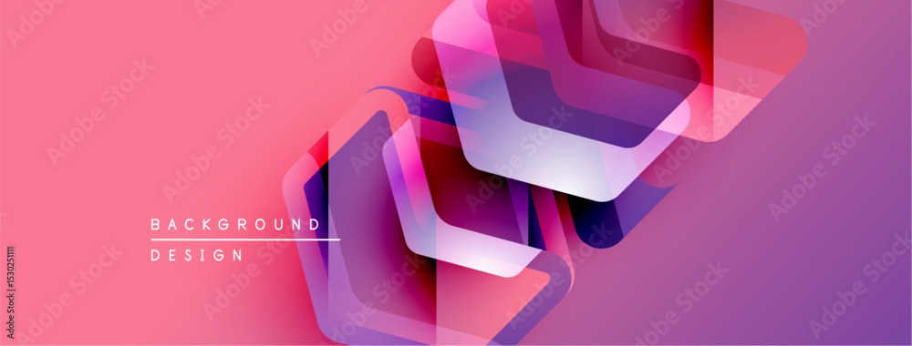 Poster abstract geometric shapes overlap, creating vibrant pink purple gradient background. modern design e