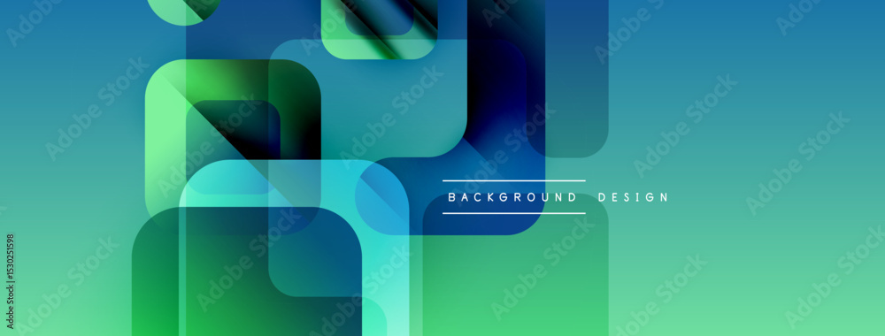 Poster abstract geometric shapes overlap, creating vibrant blue, green gradients. modern design elements su