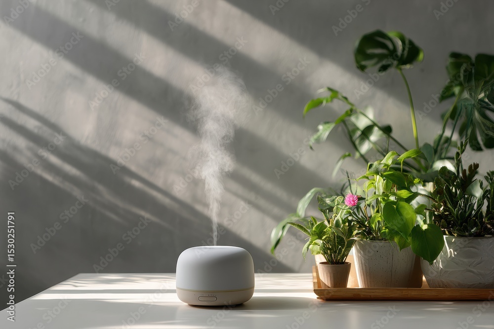 Poster mist diffuser and lush green plants enhance tranquility on a white table in soft morning light