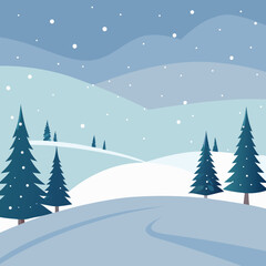 Obraz premium Minimalist winter landscape illustration with snow-covered hills and scattered pine trees