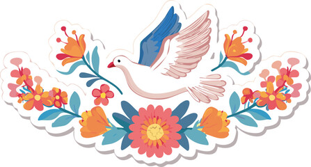 Retro sticker with dove and flowers. Vintage groovy print with flying bird, floral pattern. Symbol of peace and hope in hippie 70s style,60s, 70s, doodle, flying, funky, graphic, peace, print, sticker