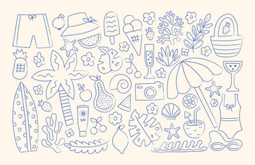 Obraz premium Summer vacation doodle hand drawn elements set. Tropical, beach, nautical, marine, sea, ocean vector illustration collection for scrapbooking, cards.