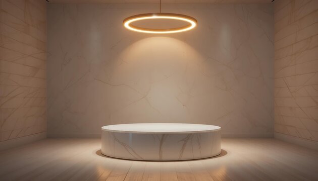 Premium white display podium with mirrored base and soft gold lighting for luxury skincare or tech products