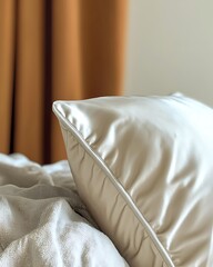 White pillow with a tan border sits on a bed