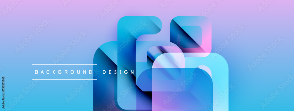 Poster abstract geometric shapes overlap, creating vibrant gradient effect. blue, purple hues dominate desi